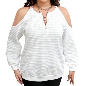 Plus Size Half Zip V-Neck White Cold Shoulder Waffle Knit Sweater Sweatshirt
